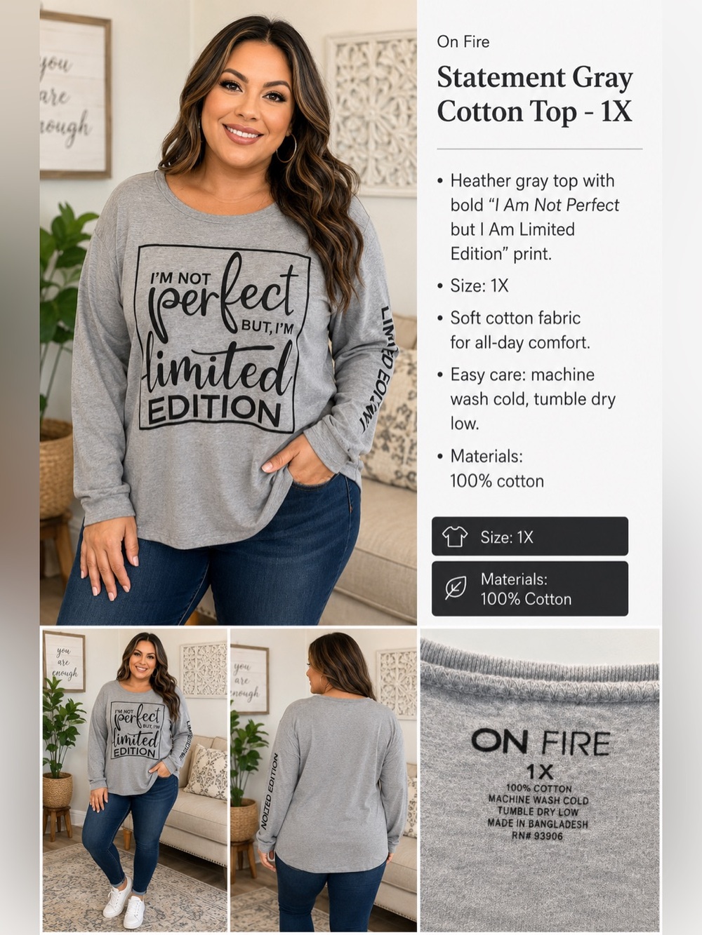 Statement Gray Cotton Top - 1X